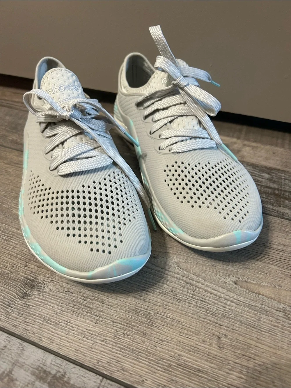 grey and marbled aqua Crocs LiteRide 360 Pacer sneakers